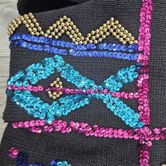 Vintage 80s MARNIE WEST Black Knit Sweater Sequins/beads Abstact Womens Size Med - Picture 5 of 8